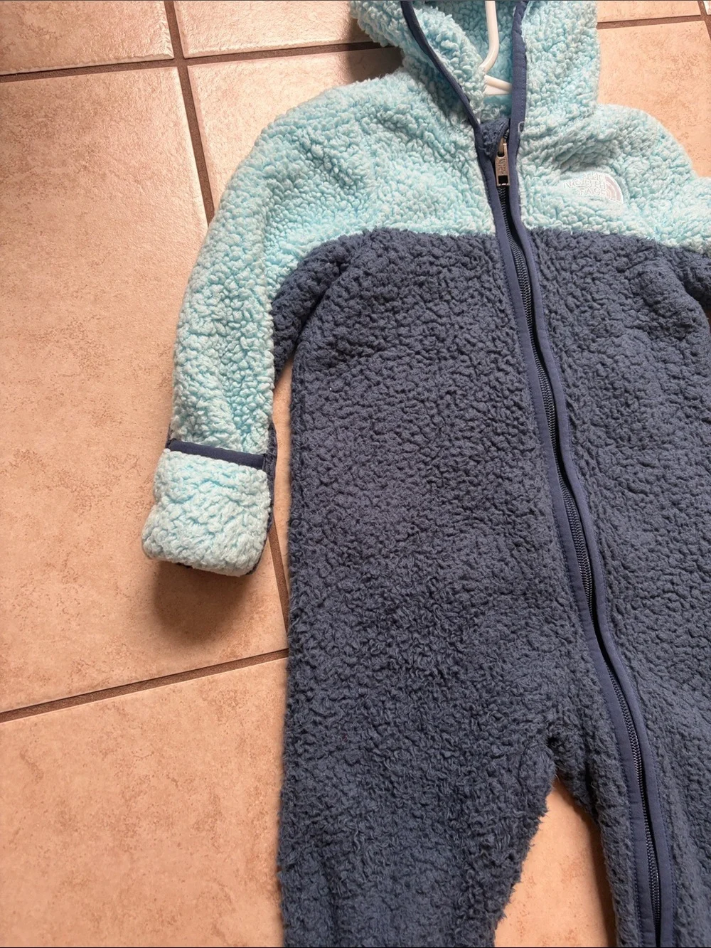 North face Light Blue and Navy Sherpa Baby One-Piece Hooded Romper